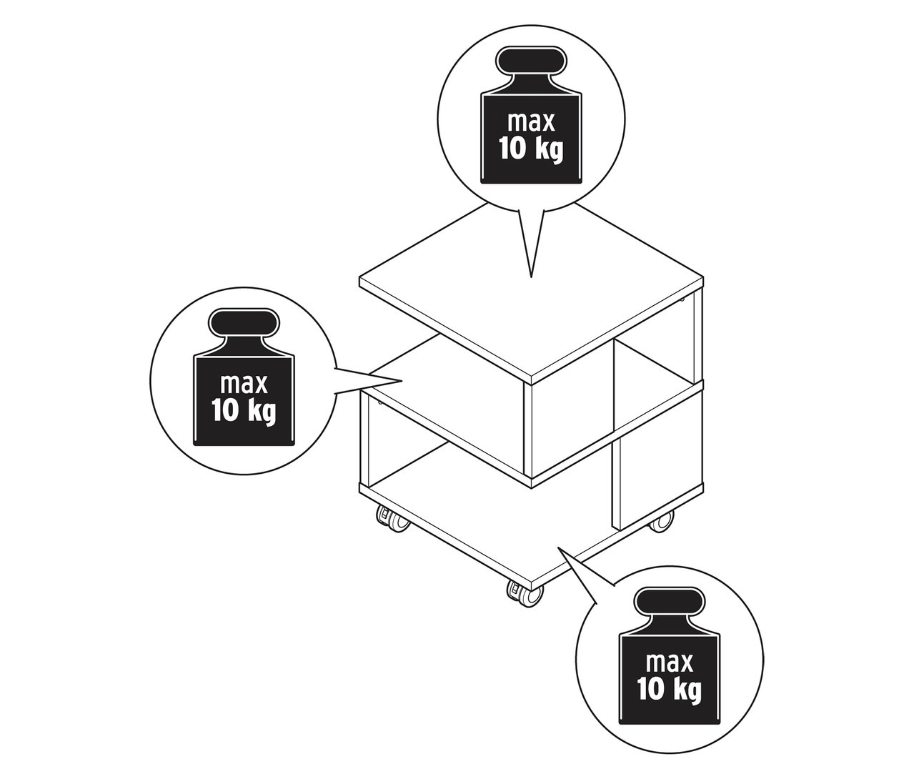 Illustration d'une table basse aspect bois sur roulettes avec indication du poids.