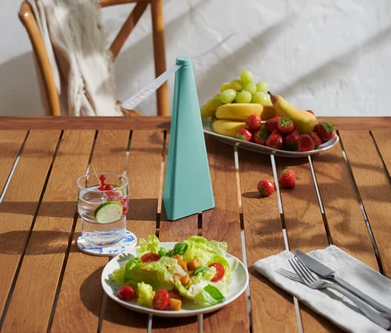Sur une table en bois se trouvent une boisson, une assiette de salade, un plat de fruits et un ventilateur turquoise.