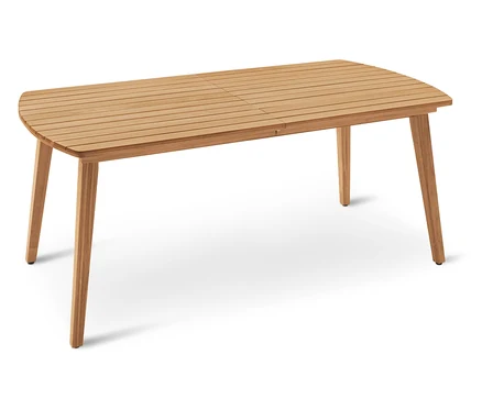 Une table rectangulaire en bois avec des extrémités arrondies et quatre pieds se dresse sur un fond blanc.