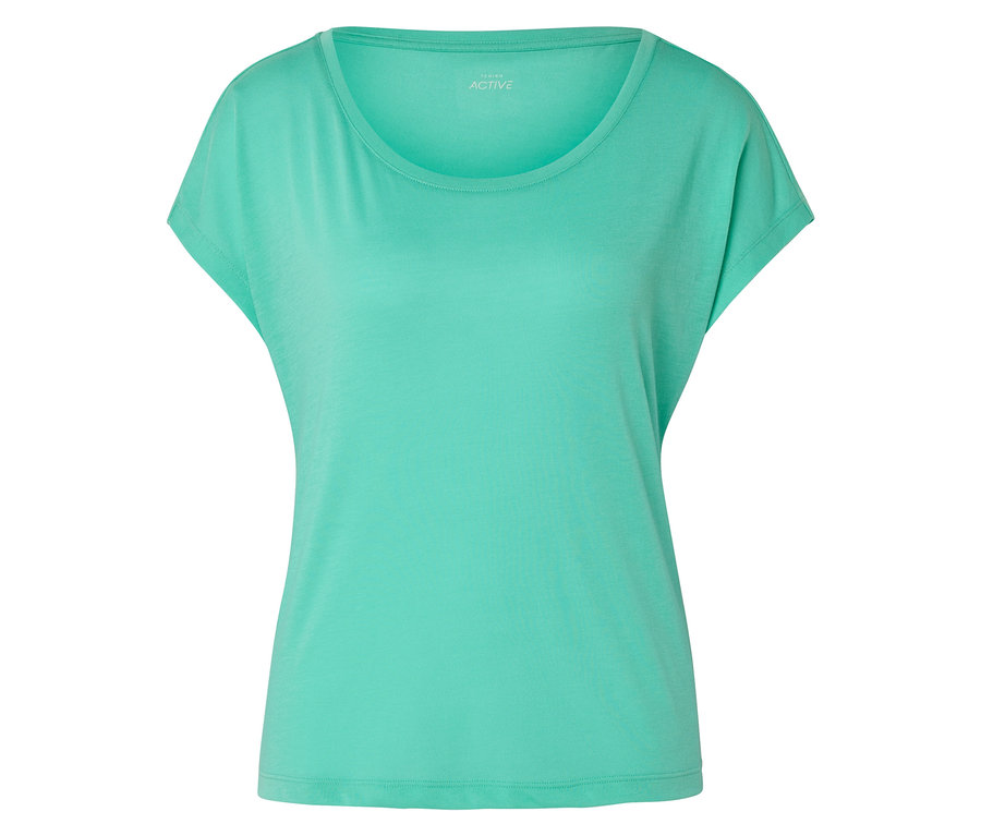 T-shirt de sport vert clair pour femme sur fond blanc.