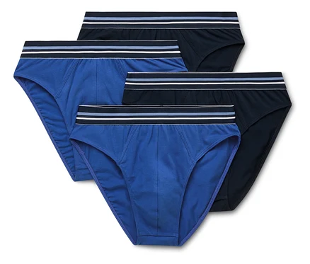 Quatre slips pour hommes en bleu et noir sont superposés.