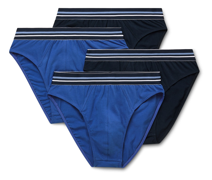 Quatre slips pour hommes en bleu et noir sont superposés.