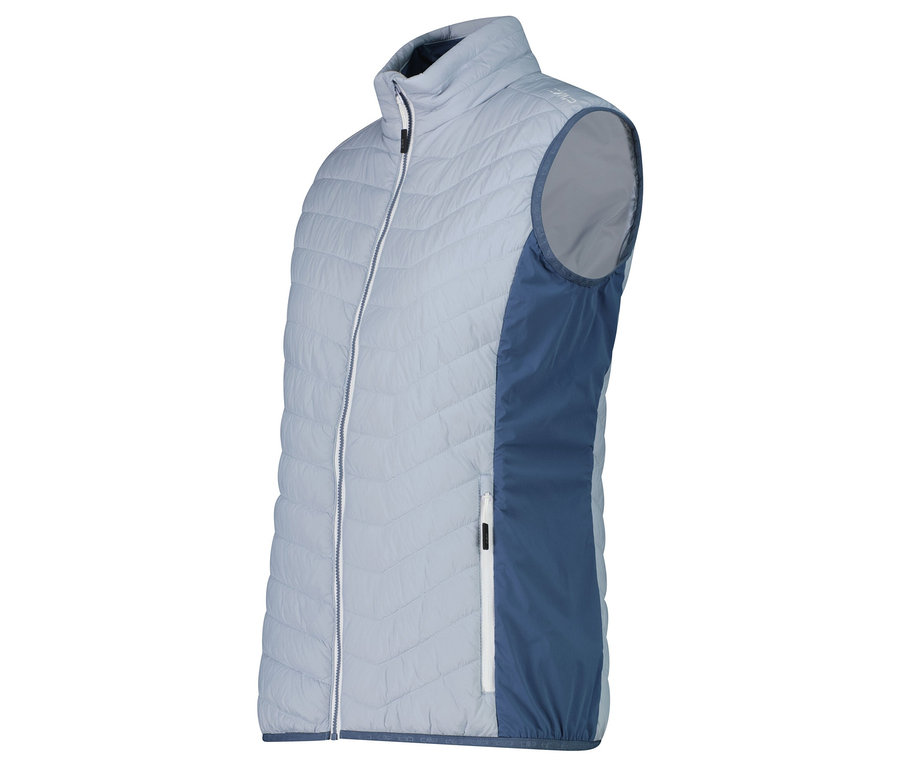 Veste matelassée bleu clair avec fermeture éclair et panneaux latéraux bleu marine.