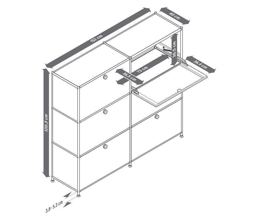 Perspective d'une commode en métal «
CN3 » à six abattants, dont un est ouvert, avec les dimensions indiquées.