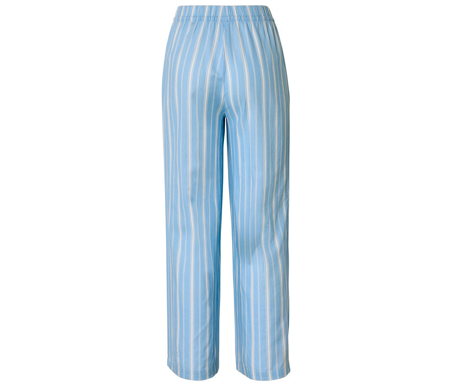 Pantalon de pyjama bleu clair rayé avec taille élastique, photographié de dos.