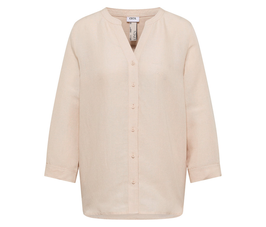 Blouse CECIL beige à manches longues avec col en V et patte de boutonnage sur toute la longueur.