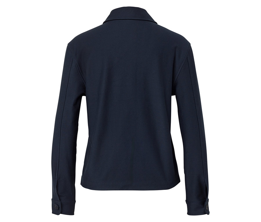 Vue arrière d'une veste bleu marine à manches longues avec boutons.