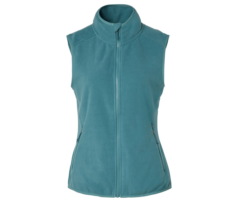 Gilet en polaire turquoise avec fermeture éclair intégrale sur le devant.