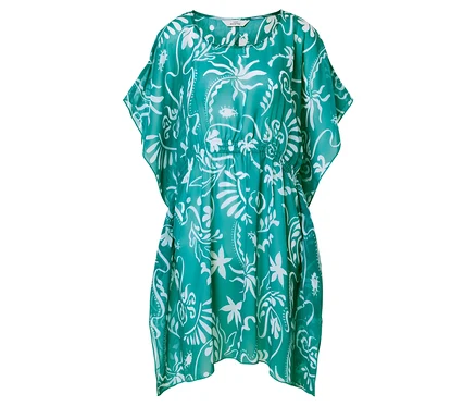 Kaftan vert à motifs avec des fleurs blanches.