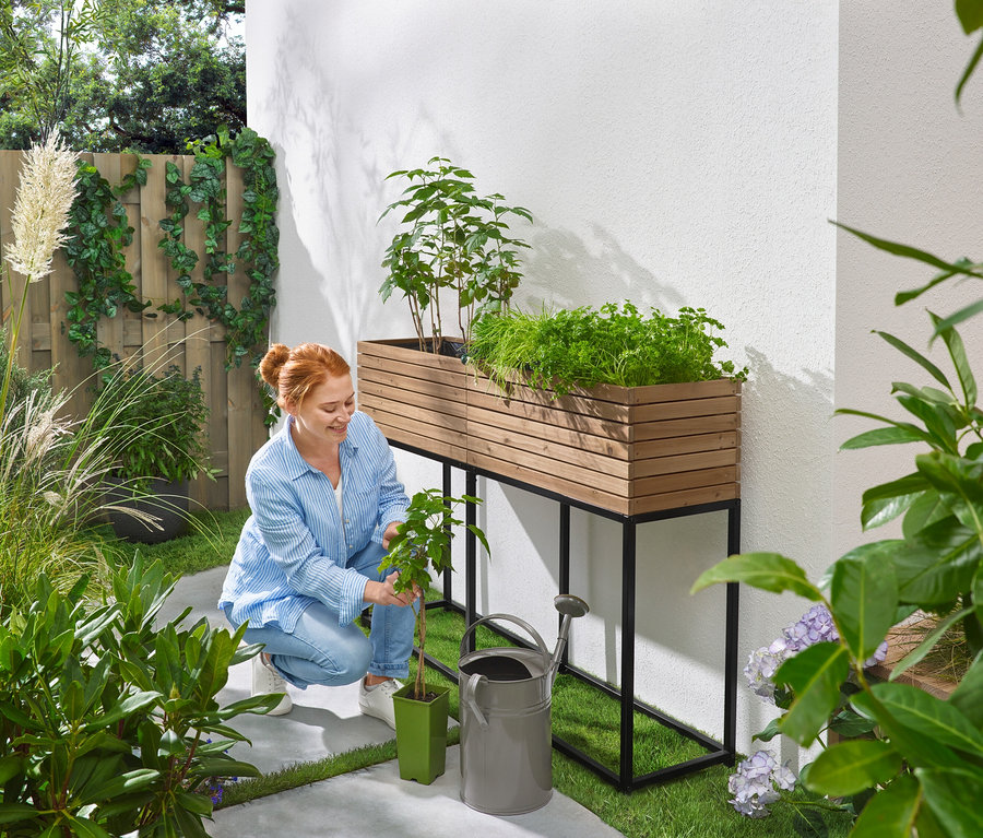 Femme accroupie dans le jardin plantant des semis à côté d'un parterre surélevé avec des herbes aromatiques, un arrosoir et un pot.