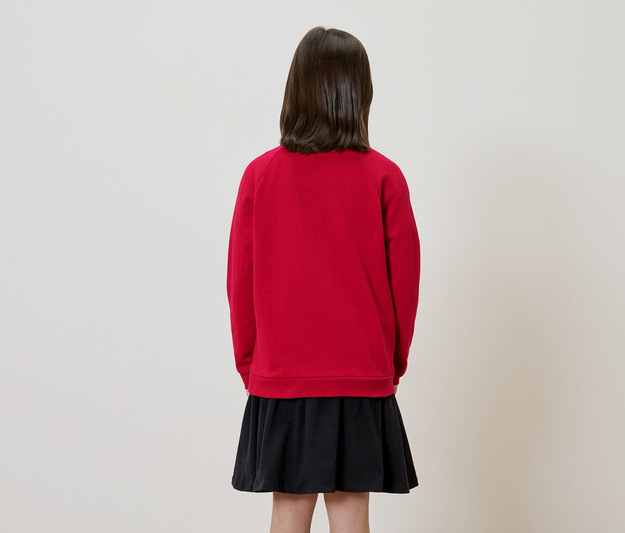 Vue de dos d'une jeune fille aux cheveux bruns mi-longs, portant un pull rouge et une jupe noire.