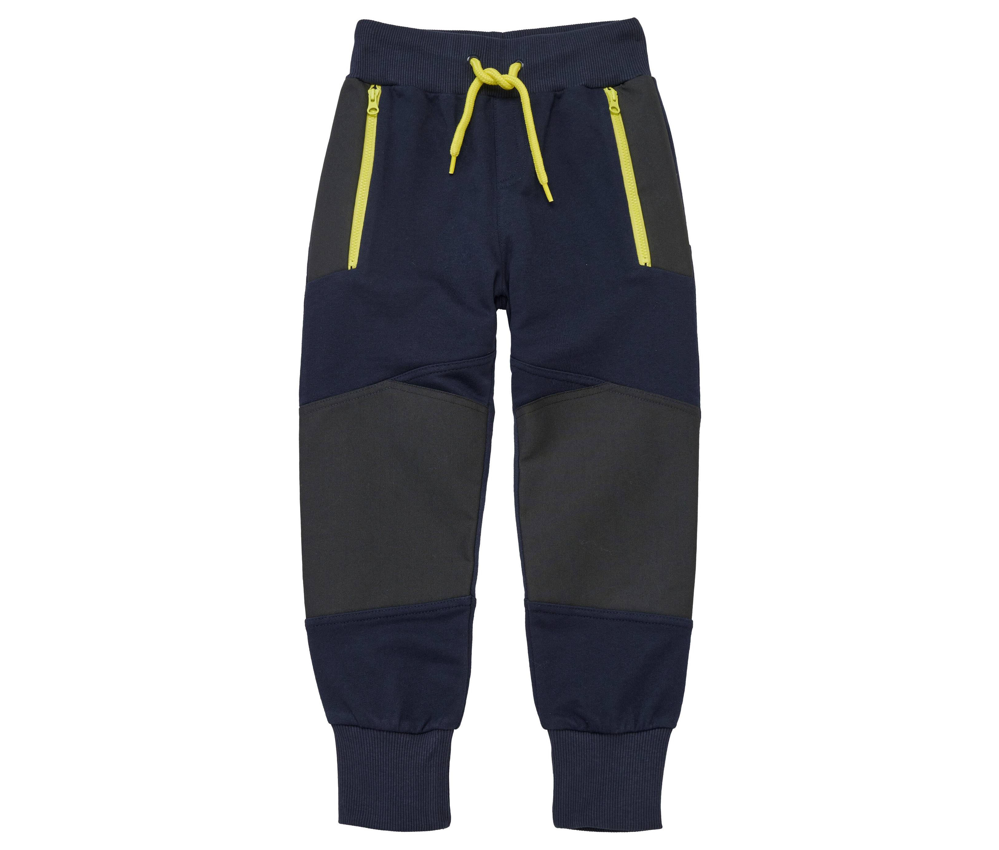 Pantalon marine pour enfant avec fermetures éclair et cordon de serrage jaunes.