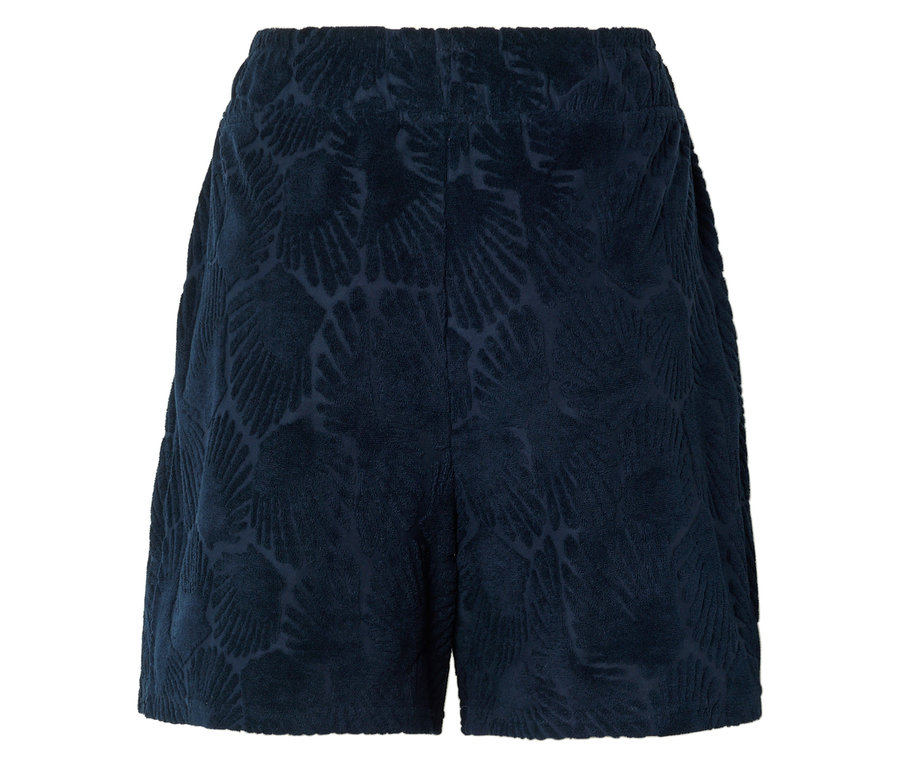 Short bleu marine avec taille élastique et motif coquillage.