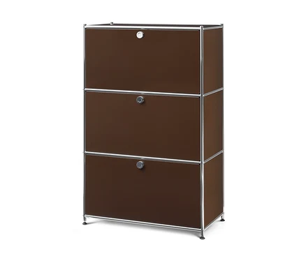 Commode en métal « CN3 » marron avec trois abattants amovibles et un cadre argenté sur fond blanc.