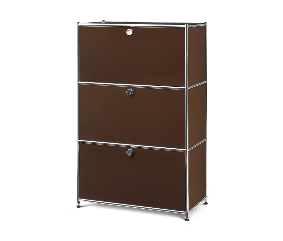 Commode en métal « CN3 » marron avec trois abattants amovibles et un cadre argenté sur fond blanc.