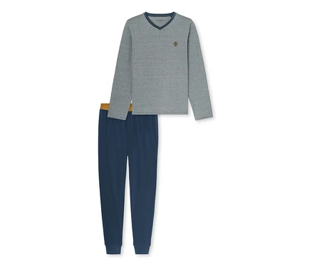 Pyjama gris à manches longues avec col en V et pantalon bleu foncé à taille marron.