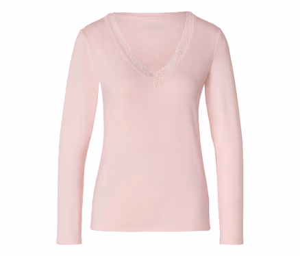 T-shirt rose à manches longues avec col en V et dentelle blanche.