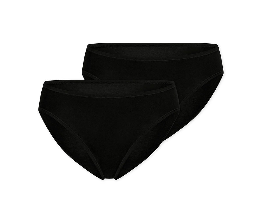 Deux culottes noires légèrement superposées et disposées en diagonale sur un fond blanc.