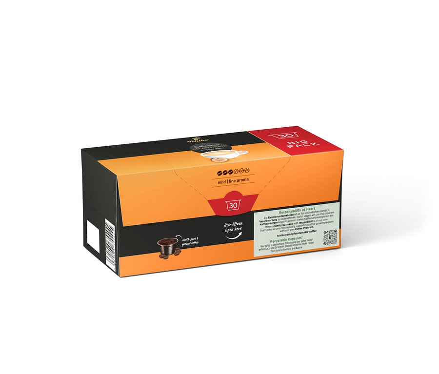 Un paquet de capsules de café orange et noir.