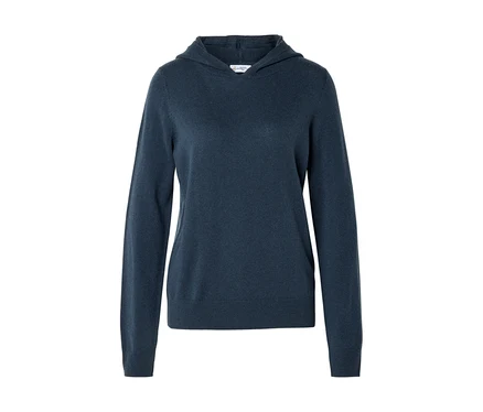 Sweat à capuche bleu foncé à manches longues sur fond blanc.
