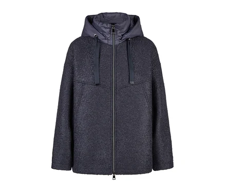 Veste en laine bouclée bleu foncé avec fermeture éclair et capuche lisse et rembourrée.