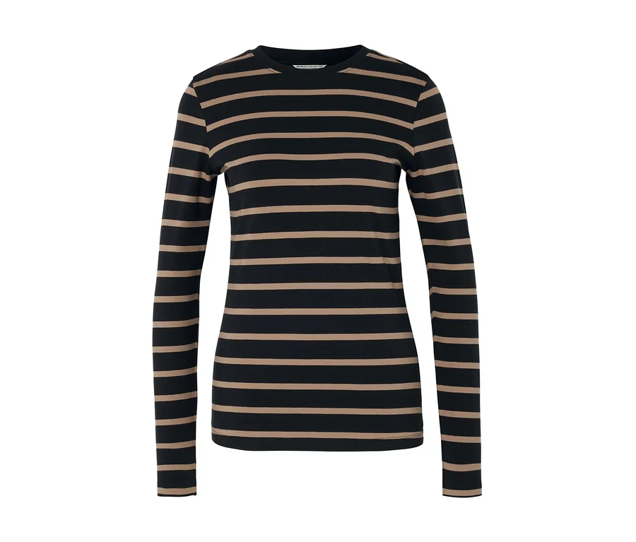 T-shirt à manches longues rayé noir et beige.