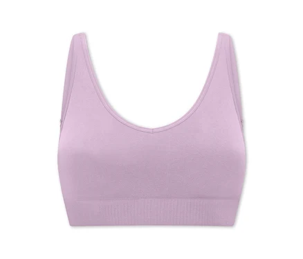 Soutien-gorge de sport sans couture lilas clair avec un décolleté en V et de larges bretelles, doté d'une bande inférieure côtelée.