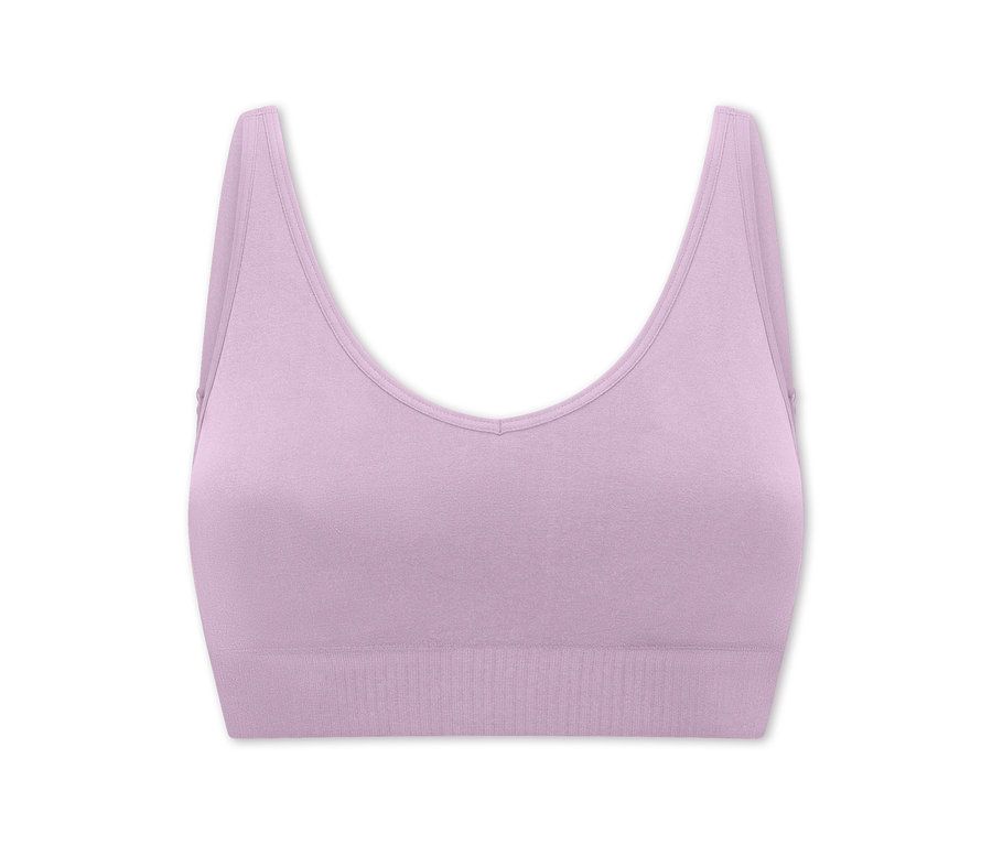 Soutien-gorge de sport sans couture lilas clair avec un décolleté en V et de larges bretelles, doté d'une bande inférieure côtelée.