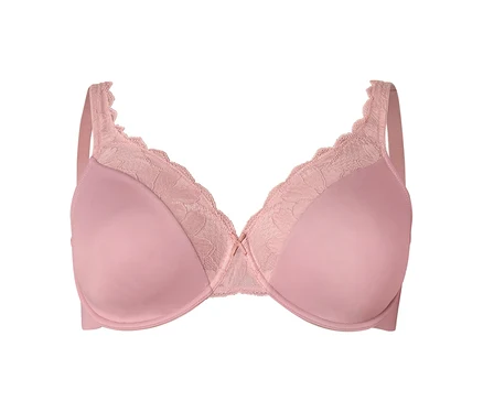 Soutien-gorge rose avec de la dentelle sur le bord supérieur des bonnets.
