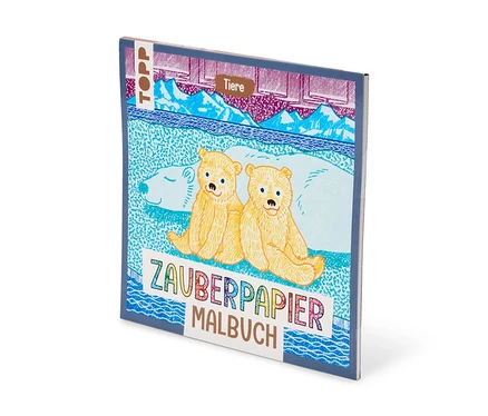 Un livre de coloriage avec une couverture montrant deux oursons polaires jaunes assis sur la glace, avec des montagnes et de l'eau en arrière-plan. Les titres "ZAUBERPAPIER MALBUCH" et "Tiere" sont visibles.