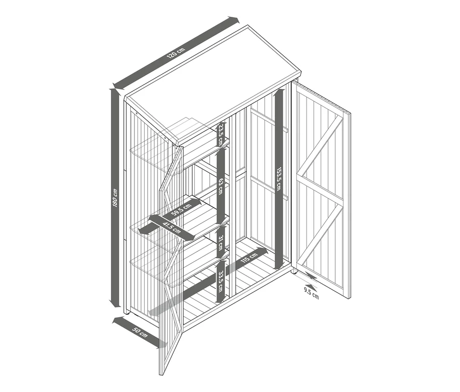 Dessin d'une grande armoire de jardin à double battant ouverte. Elle mesure 180 cm de haut, 120 cm de large, 50 cm de profondeur, avec trois étagères à gauche et un grand compartiment à droite.