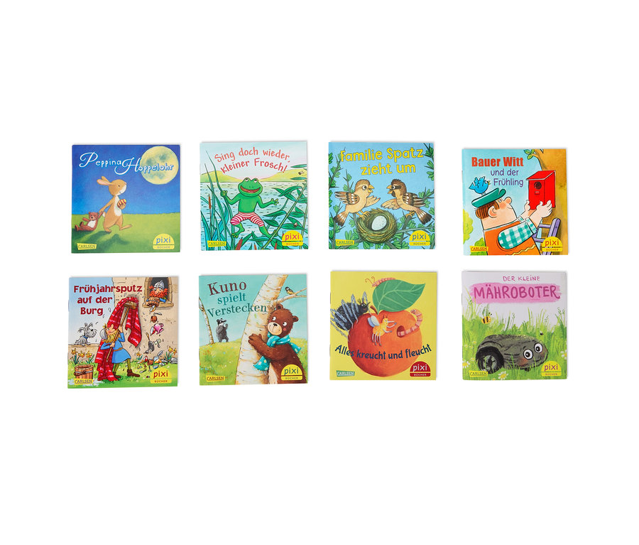 Huit couvertures de livres Pixi disposées sur deux rangées. Les livres présentent des illustrations avec des animaux et des personnes.