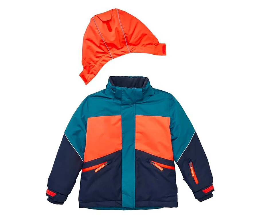 Veste d’hiver robuste pour enfant JAKO-O en turquoise, orange et bleu marine avec capuche orange amovible.