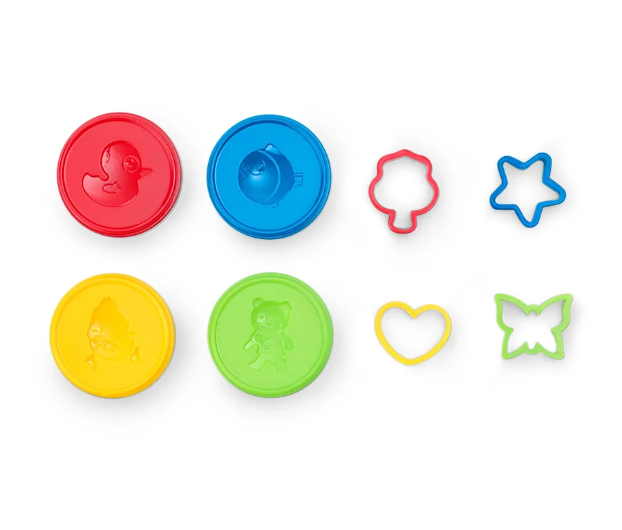 Kit de pâte à modeler : canard rouge, poisson bleu, arbre rouge, étoile bleue, clown jaune, ours vert, cœur jaune et papillon vert.