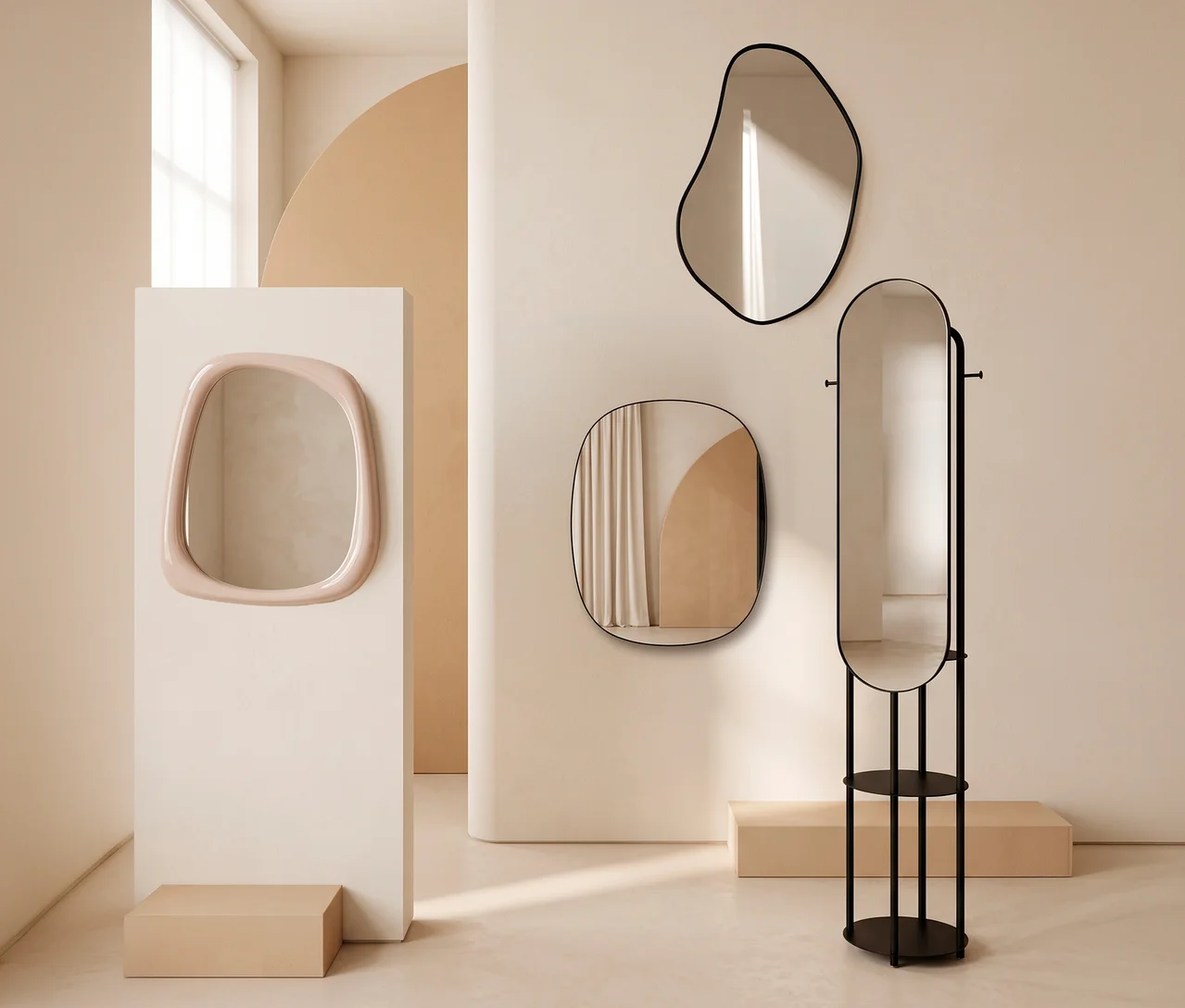 Pièce minimaliste avec quatre miroirs: une penderie sur pied noire avec grand miroir, un grand miroir irrégulier, un petit miroir ovale et un miroir rose sur un piédestal.