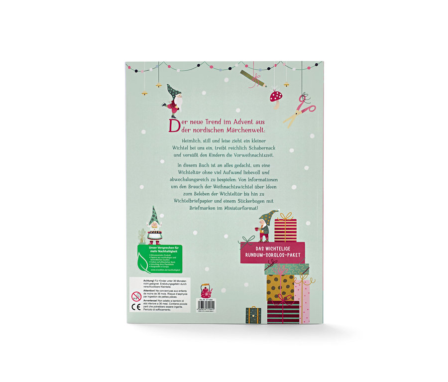 Le dos du livre « Hourra, un lutin emménage ! » avec du texte sur les lutins et un pack cadeau.