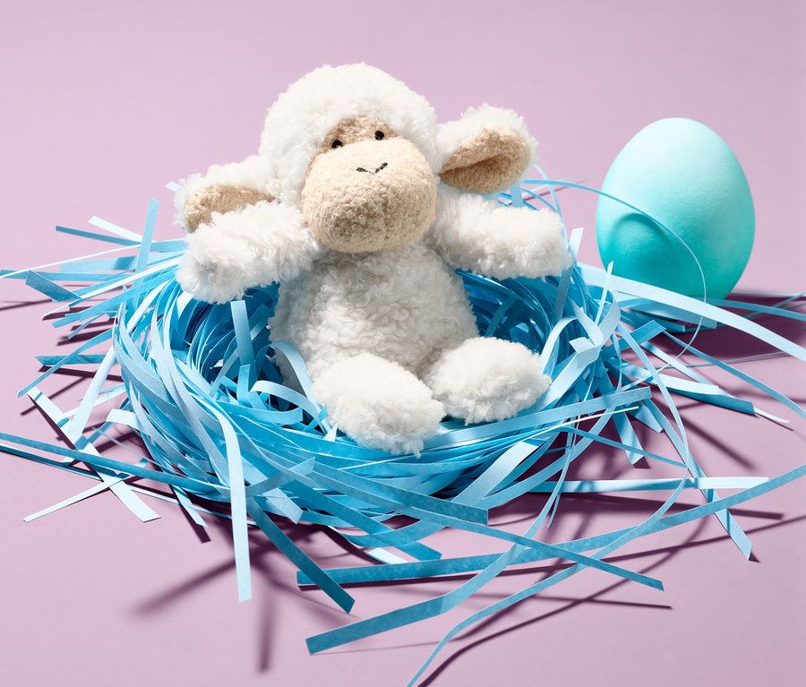 Un petit mouton sonore en peluche est assis dans un nid bleu à côté d'un œuf bleu.