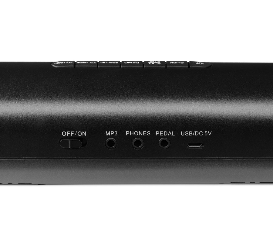 Gros plan sur le panneau de commande d'un kit de batterie électronique. On voit les boutons de volume, de démonstration et de sélection des kits, ainsi que les entrées MP3, casque, pédale et USB/DC 5V.