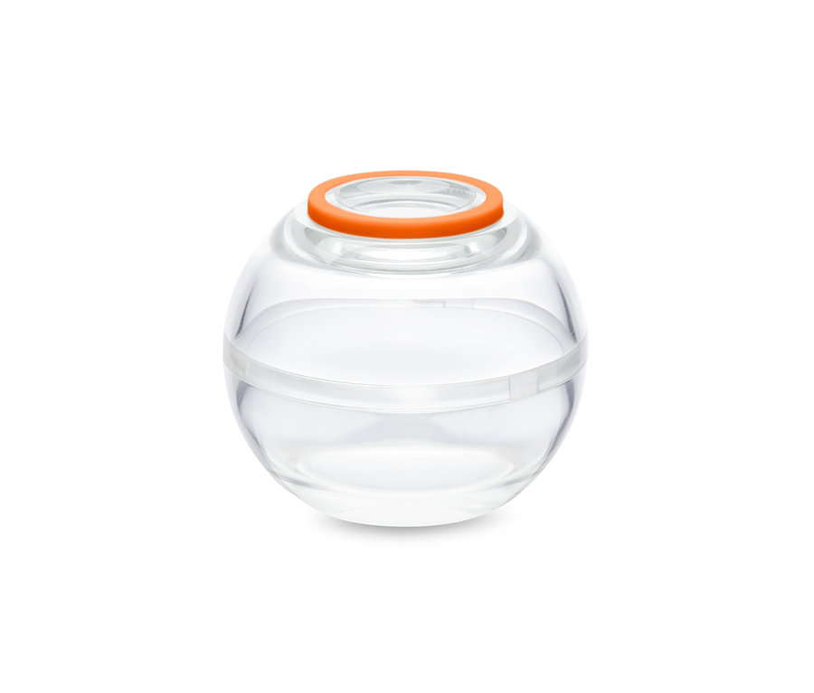 Une boule de conservation transparente avec un bord orange.