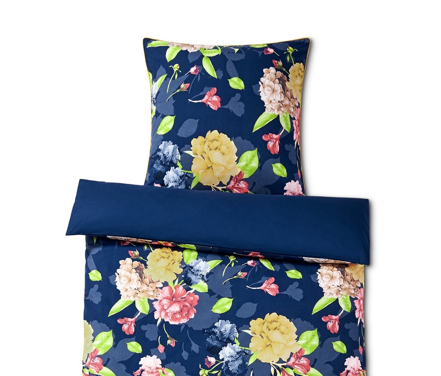 Ensemble de parure de lit bleu à motif floral en renforcé de taille standard, grande taille et taille double.