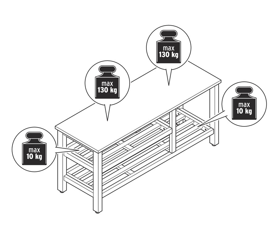 Dessin d'un banc à chaussures avec compartiment à chaussures ouvert, capacité de charge maximale de 130 kg sur le dessus et de 10 kg sur l'étagère à chaussures.