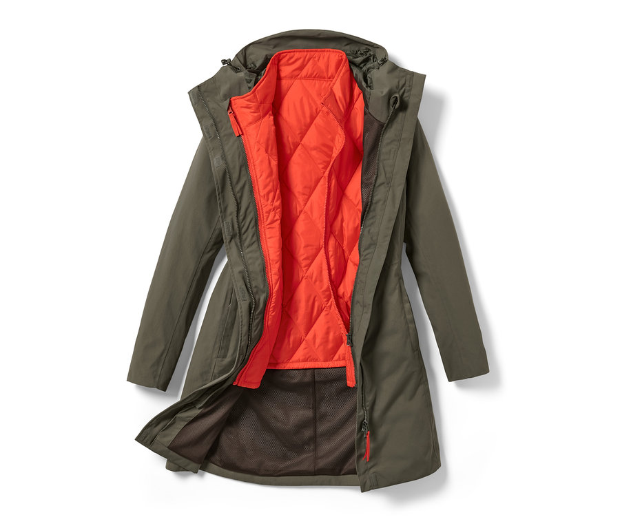 Manteau de pluie 3-en-1 vert avec gilet orange.