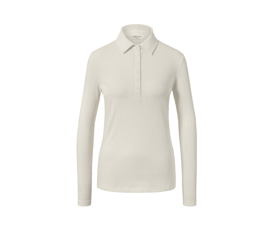 Un t-shirt côtelé à manches longues avec un col polo de couleur crème.