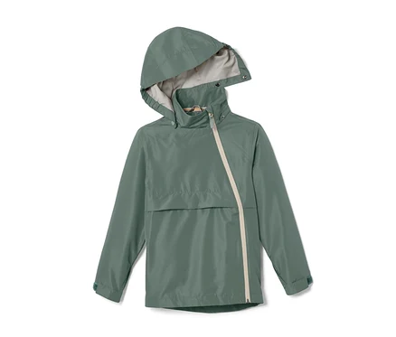 Veste pour tous les temps verte avec capuche et fermeture éclair.