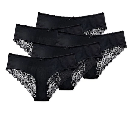 Cinq slips brésiliens noirs avec de la dentelle.