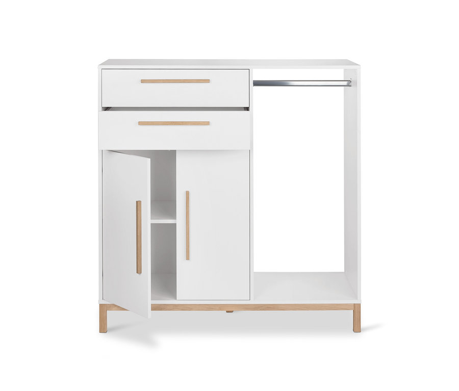 Commode blanche »Eklund« avec penderie, deux tiroirs en haut et un placard avec deux portes en bas.