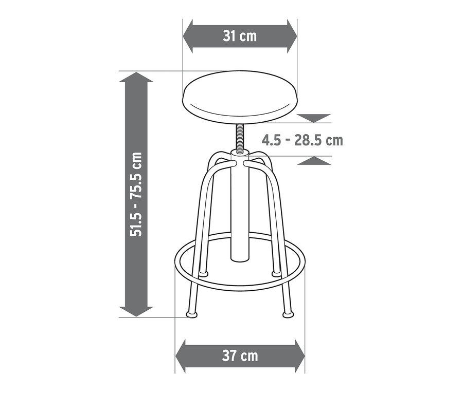 Illustration d'un tabouret de bar réglable en hauteur avec des mesures.
