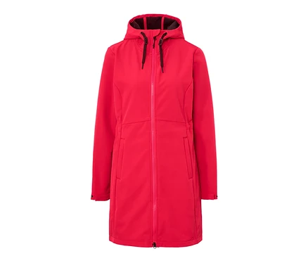 Manteau softshell rouge avec capuche et fermeture éclair.