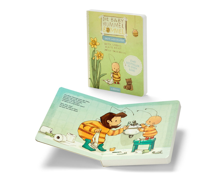 Illustration du livre « Baby Hummel Bommel – erste Geschichten » : en haut, un livre fermé, en bas, un livre ouvert avec une illustration de brossage de dents.