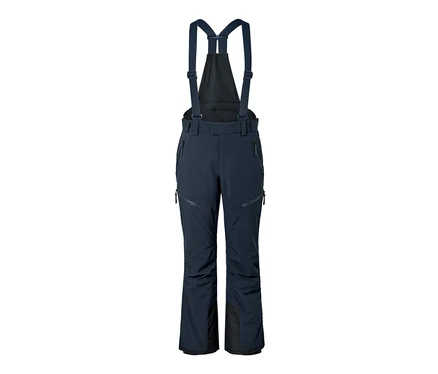 Pantalon de ski high-tech bleu à bretelles.